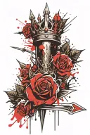 crown on top of dagger with roses tattoo design idea