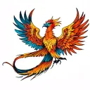 front facing phoenix with wings up for placement with a long tail going downward tattoo design idea