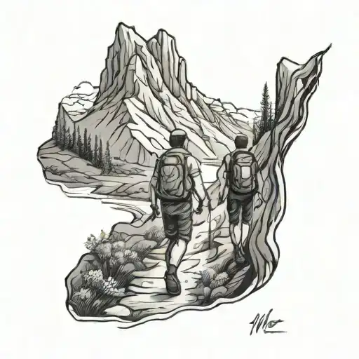Two me hiking through a trail in between the valleys tattoo design idea
