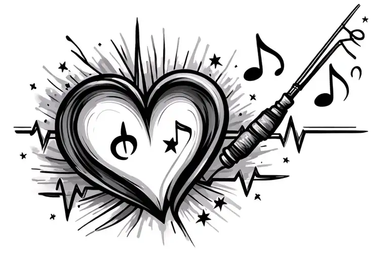 stars, fishing rod, music note, heart beat line tattoo design idea