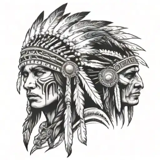 Native American women with bear head dress, Native American men's skull with feathered head dress  tattoo design idea