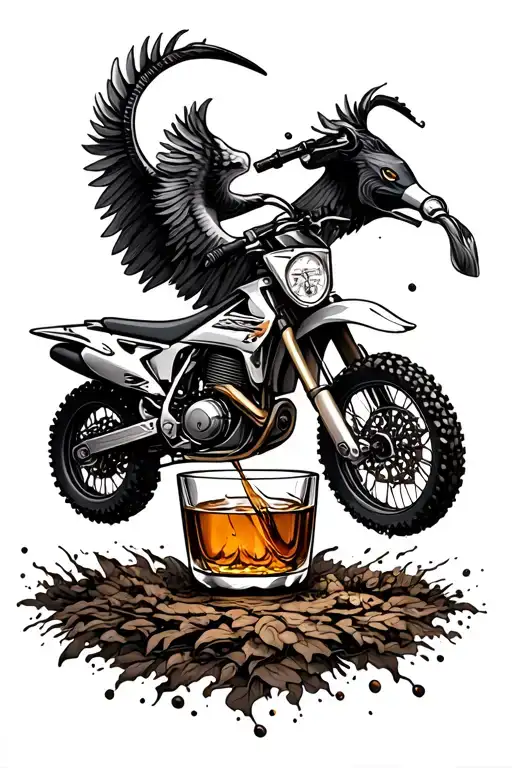 Sagittarius sign. dirt bike & Jamison whiskey pouring tattoo design idea