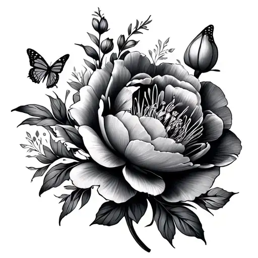 peonies tulip and Lilly flower fine line with butterfly on each flower  tattoo design idea