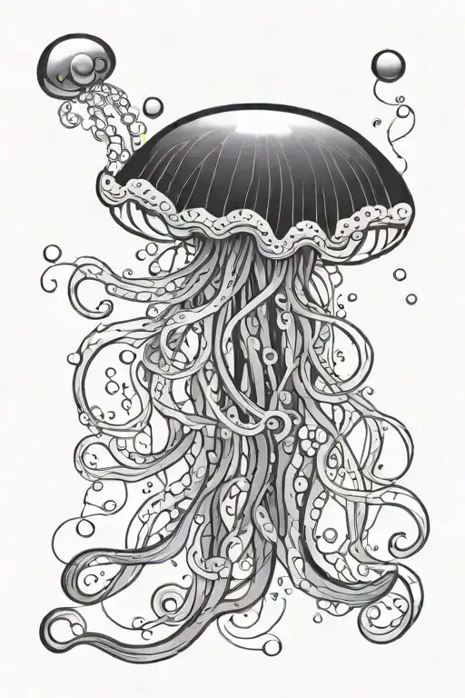 beautiful graceful black and white jellyfish with long sharp tentacles, purple bubbles in the background. Shadows, gradients tattoo design idea