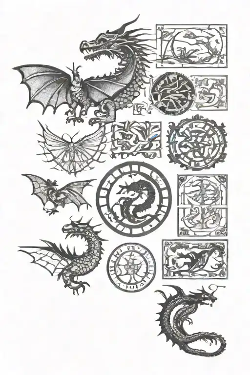 A collection of small tattoos made up of postage stamp designs, with one having the dragon outline from fourth wing by r tattoo design idea