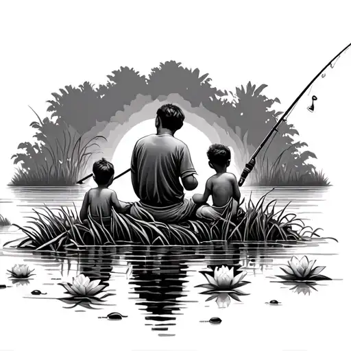 Dad in the middle and two little sons on fishing, all with fishing rods, sit in reeds, water lilies and floats from fishing rods on the water, tattoo design idea