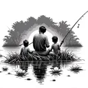 Dad in the middle and two little sons on fishing, all with fishing rods, sit in reeds, water lilies and floats from fishing rods on the water, tattoo design idea