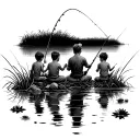 Dad in the middle and two little sons on fishing, all with fishing rods, sit in reeds, water lilies and floats from fishing rods on the water, tattoo design idea