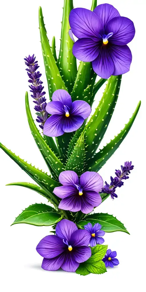 purple and green realistic aloe Vera plant with African violets, lavender, indigo, flowers, and mint tattoo design idea