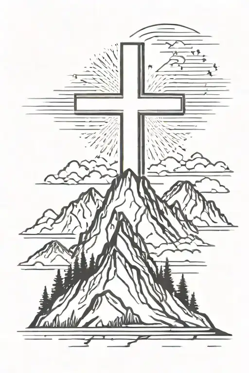 cross on the top of a mountaine with sunrise integrated tattoo design idea