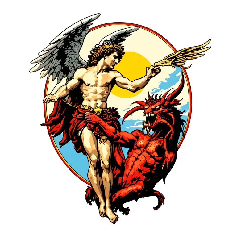 saint Michael the archangel vanquishing satan tattoo design idea