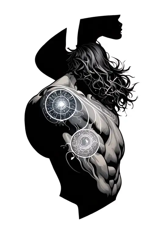 tattoo for triceps, time line that goes from top of the triceps, right under the shoulder.  three circles, with zodiac tattoo design idea