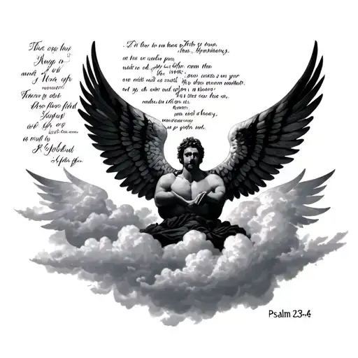 Clouds in background , scripture and verse psalm 23:4-6 wings on both sides of scripture, above scripture guy worshiping tattoo design idea
