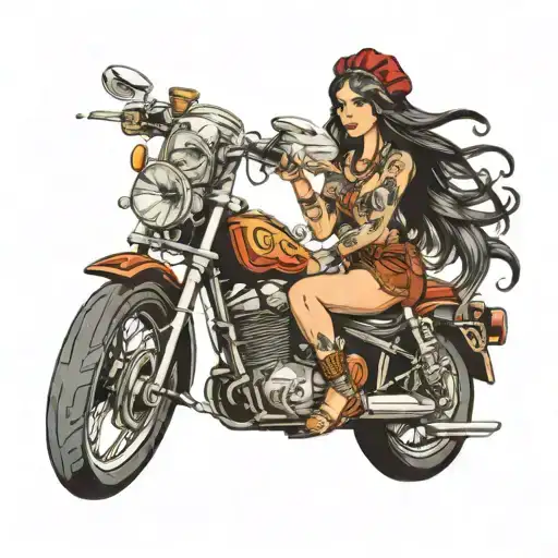 Gypsy woman sitting on a Motorcycle riding tattoo design idea