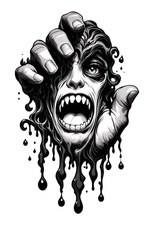 Tatto Black Ornamental in hand with sludge that curls in the fingers of the hand with dark eyes and mouth with sharp teeth and a tongue tattoo design idea