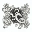 A celestial Libra symbol intertwined with a snake, surrounded by mushrooms and flowers tattoo design idea