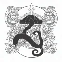 A celestial Libra symbol intertwined with a snake, surrounded by mushrooms and flowers tattoo design idea