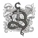 A celestial Libra symbol intertwined with a snake, surrounded by mushrooms and flowers tattoo design idea