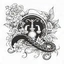 A celestial Libra symbol intertwined with a snake, surrounded by mushrooms and flowers tattoo design idea
