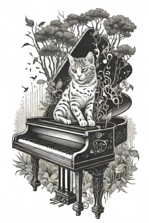 A cat playing a grand piano in the middle of a dense forest, with musical notes floating around tattoo design idea