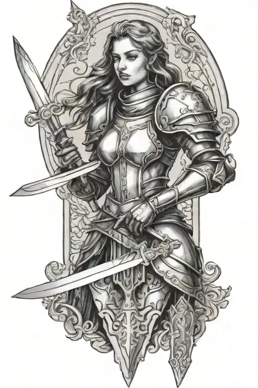 gothic architecture female knight holding a sword tattoo design idea