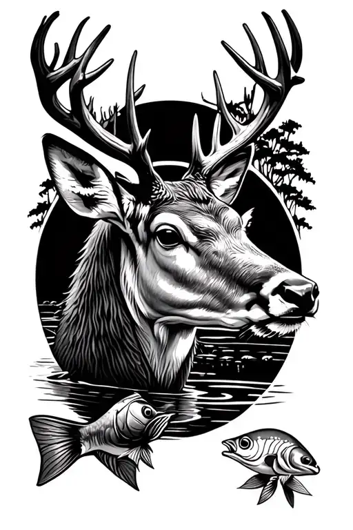 white tail deer, catfish, stream running tattoo design idea