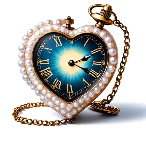 A heart-shaped pocket watch with a white pearl border, pointing to midnight. tattoo design idea