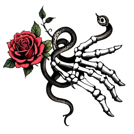 skeleton hand with a rose on the back hand and snake wrapping around the fingers of the skeleton hand and the rose tattoo design idea