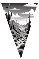 3 sperate triangles put images of desert mountains with many windmills on the mountains and cactus tattoo design idea