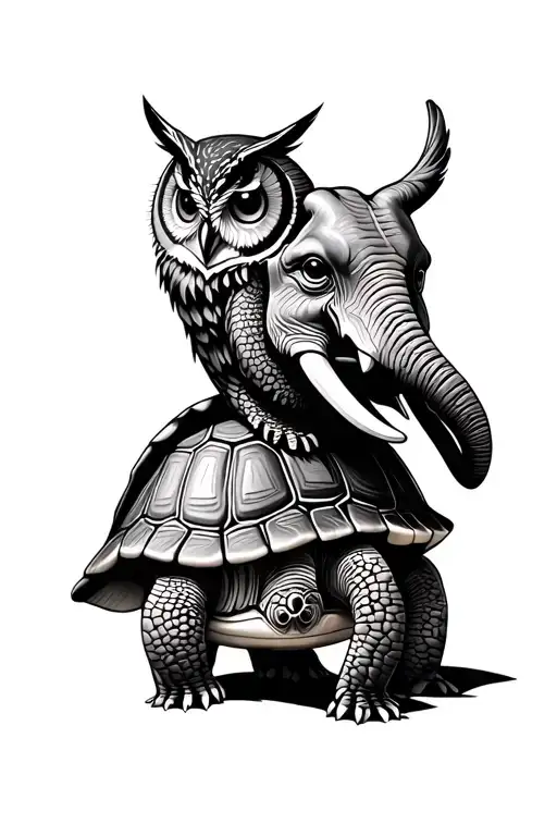 turtle elephant and owl tattoo design idea