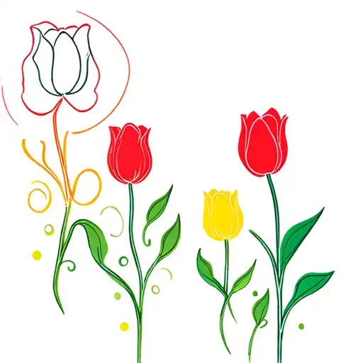 iris flower rainbow color with vines sliding down in a a shape with a white tulip a red tulip a yellow tulip  tattoo design idea