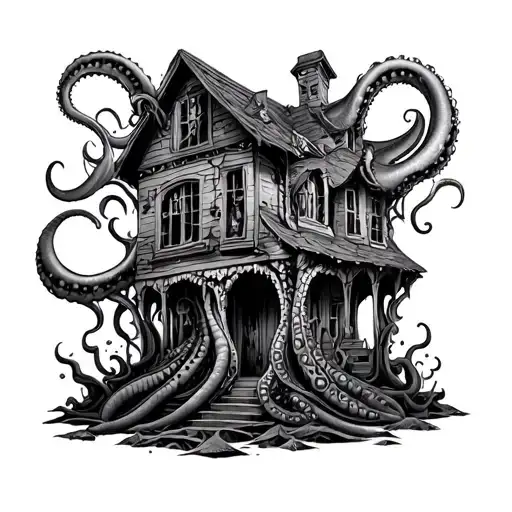 trap house with squid tentacles coming out tattoo design idea