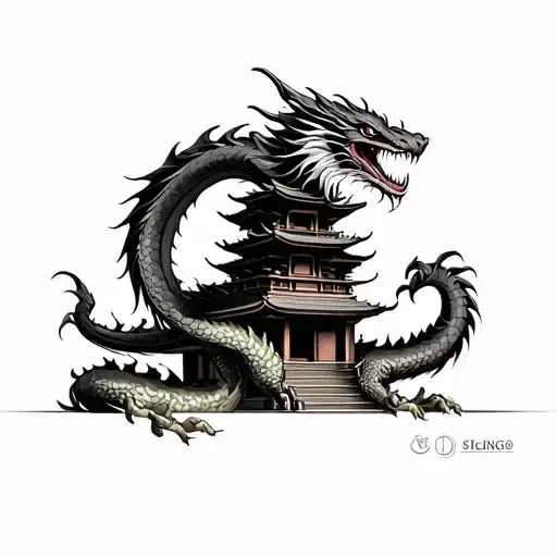 A mechanical dragon wrapped around a Japanese pagoda made of money tattoo design idea