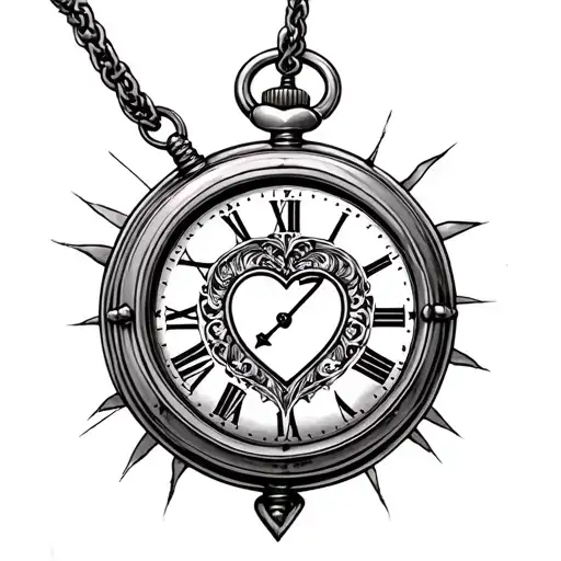 Neo traditional tattoo featuring #7 within a pocket watch with a heart locket tattoo design idea