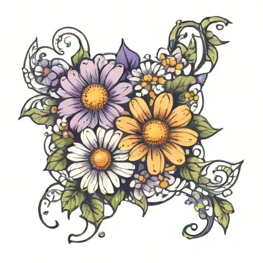daisy flower and violet flower intertwined tattoo design idea