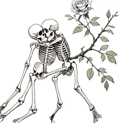 2 skeletons hugging each other, connected to a branch from a rose wrapped around their legs tattoo design idea