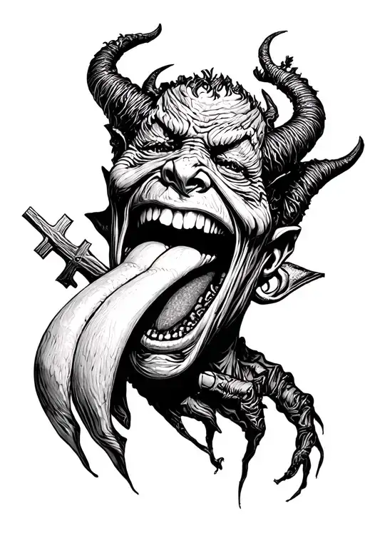 the devil with a cross for a tongue tattoo design idea