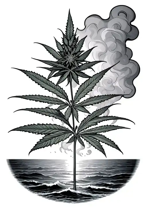Marijuana Plant foreshadowing the sea and sunset background below, clouds turning into smoke as soon it pass to grinder  tattoo design idea