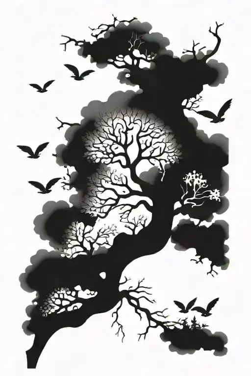 poison tree with no leaves and birds flying tattoo design idea