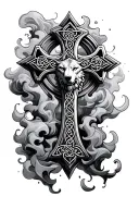 Celtic cross with wolf head in middle surrounded with smoke effect tattoo design idea