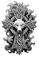 Celtic cross with wolf head in middle surrounded with smoke effect tattoo design idea