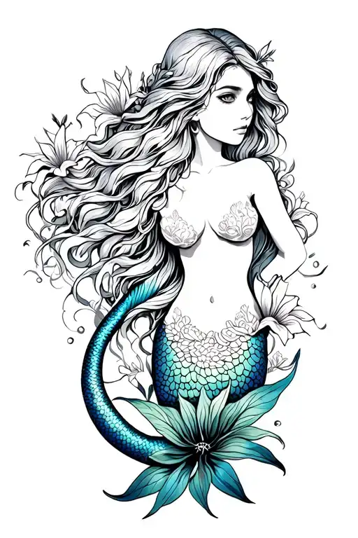 mermaid with long hair and spider lilys tattoo design idea