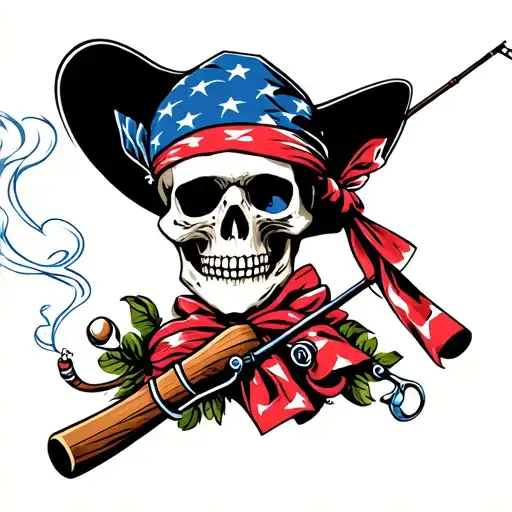 Smoking skull with american bandana with fishing poles tattoo design idea