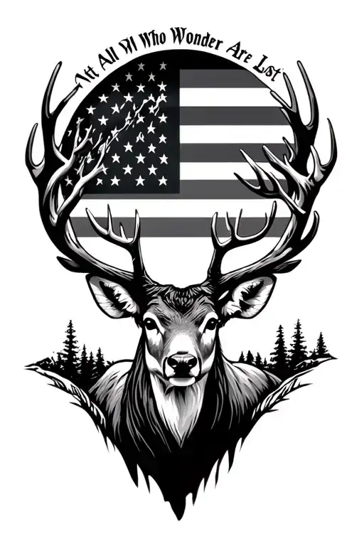 mountain u.s flag, moon light river white tail deer, not all who wonder are lost  tattoo design idea