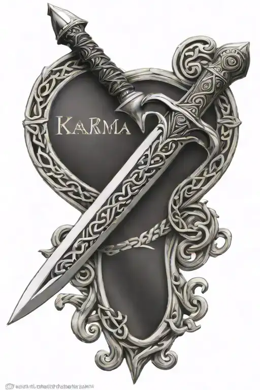 celtic dagger with the word karma on the blade tattoo design idea