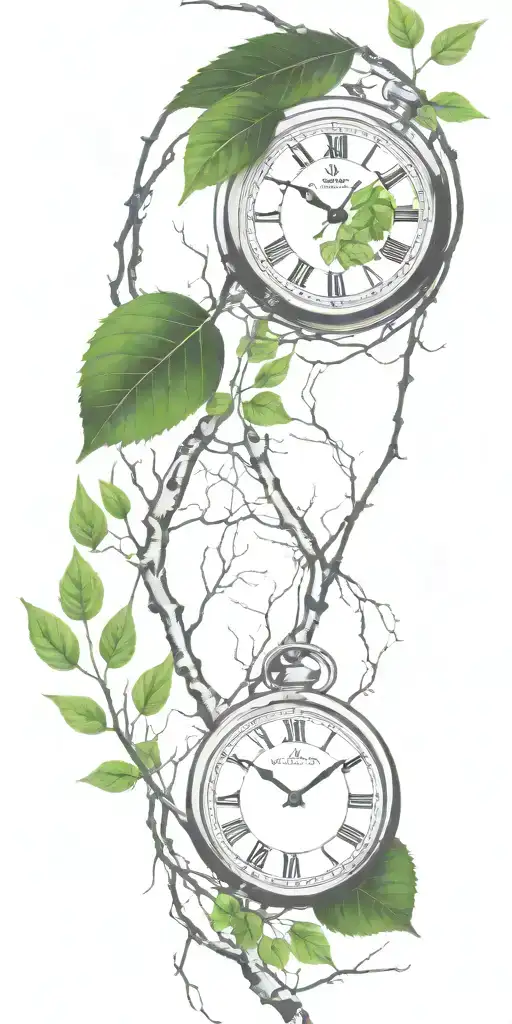 birch tree branches and green leaves with only 3 clocks integrated into it for an arm sleeve tattoo design idea