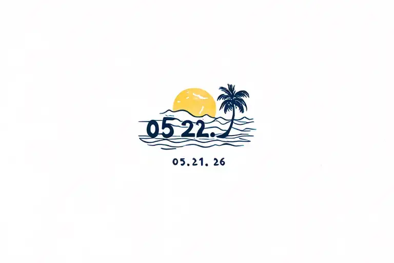 "05.21.26" sea waves, sun, coconut tree tattoo design idea