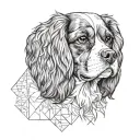 A geometric-style portrait of a Cavalier King Charles Spaniel, focusing on the dog’s distinctive features tattoo design idea