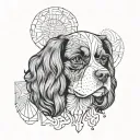 A geometric-style portrait of a Cavalier King Charles Spaniel, focusing on the dog’s distinctive features tattoo design idea