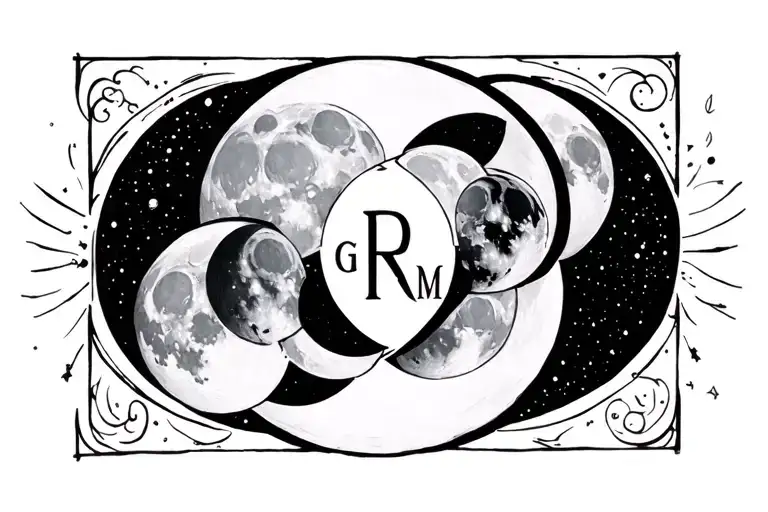 all the moon phases with the initial G R M inside tattoo design idea